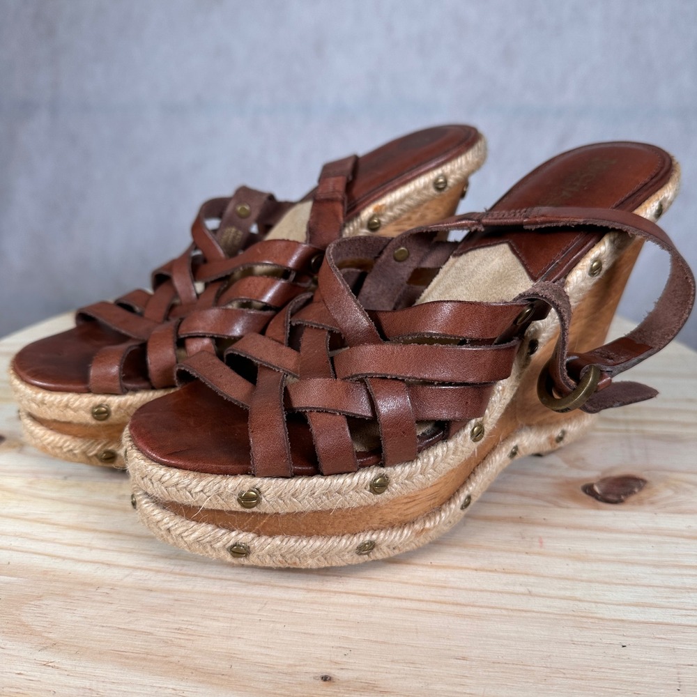 Michael Kors Wedge Sandals Womens 5.5 Brown Good Leather Wood Platform Strappy